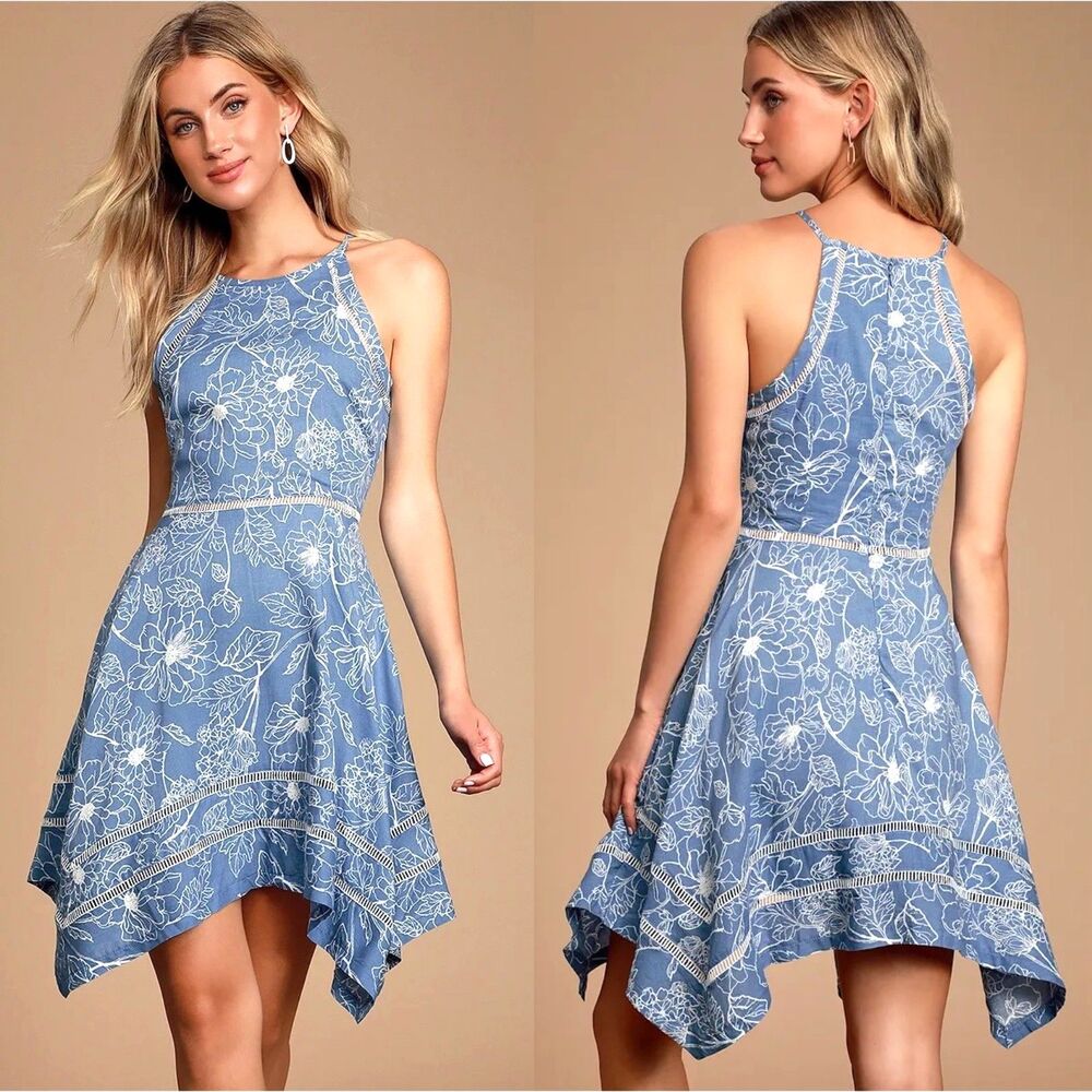 Lulus Linen Cotton Blue Floral Handkerchief Dress XS Bahama Mama Rayon Halter